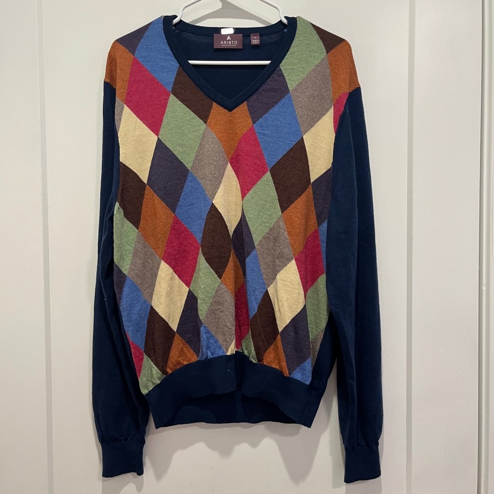 Aristo Eighteen Mens XL Navy Blue Argyle V-Neck Pullover Sweater Multi-Color